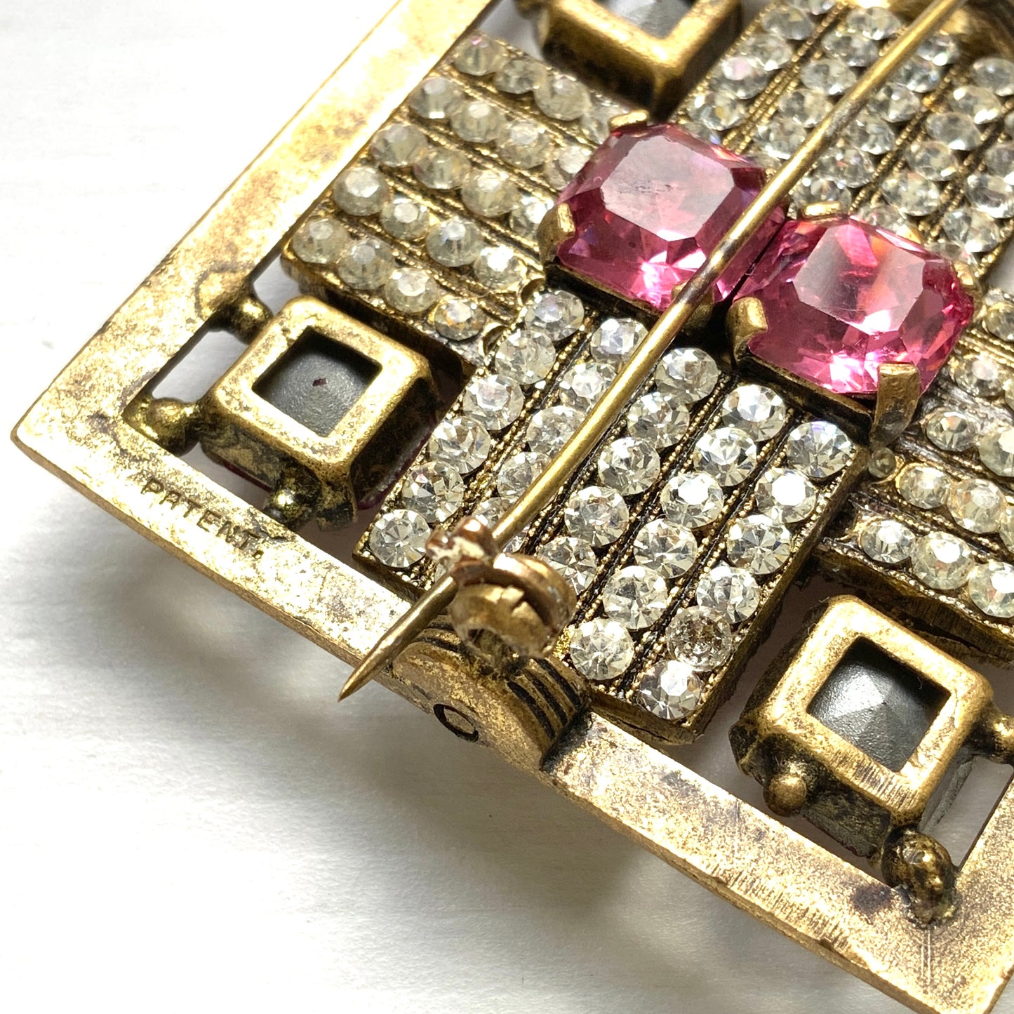 VINTAGE 1930s Square Filigree Reversible Brooch with Pink Rhinestones