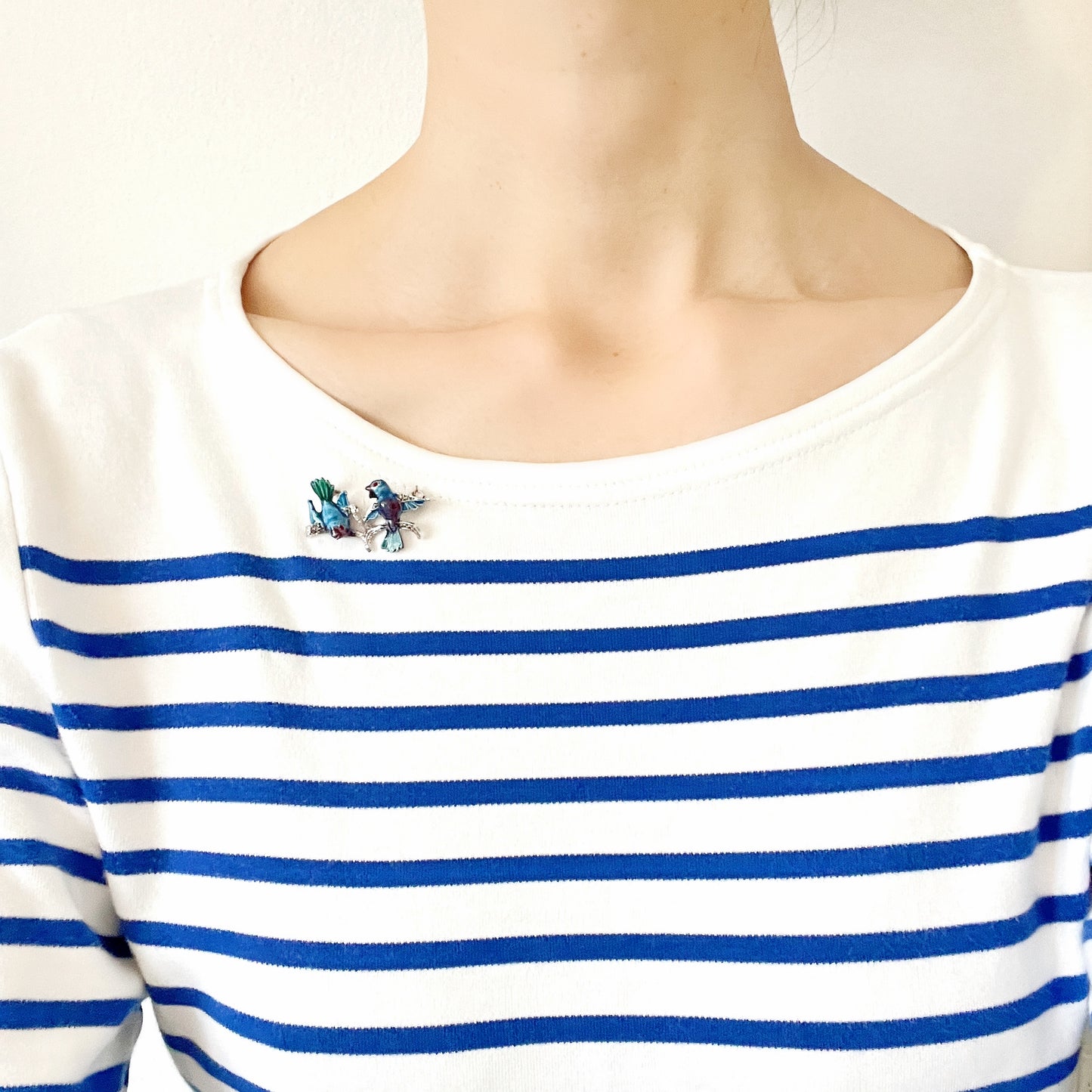 VINTAGE 1950s Blue & Purple Enamel Two Birds on Branch Brooch