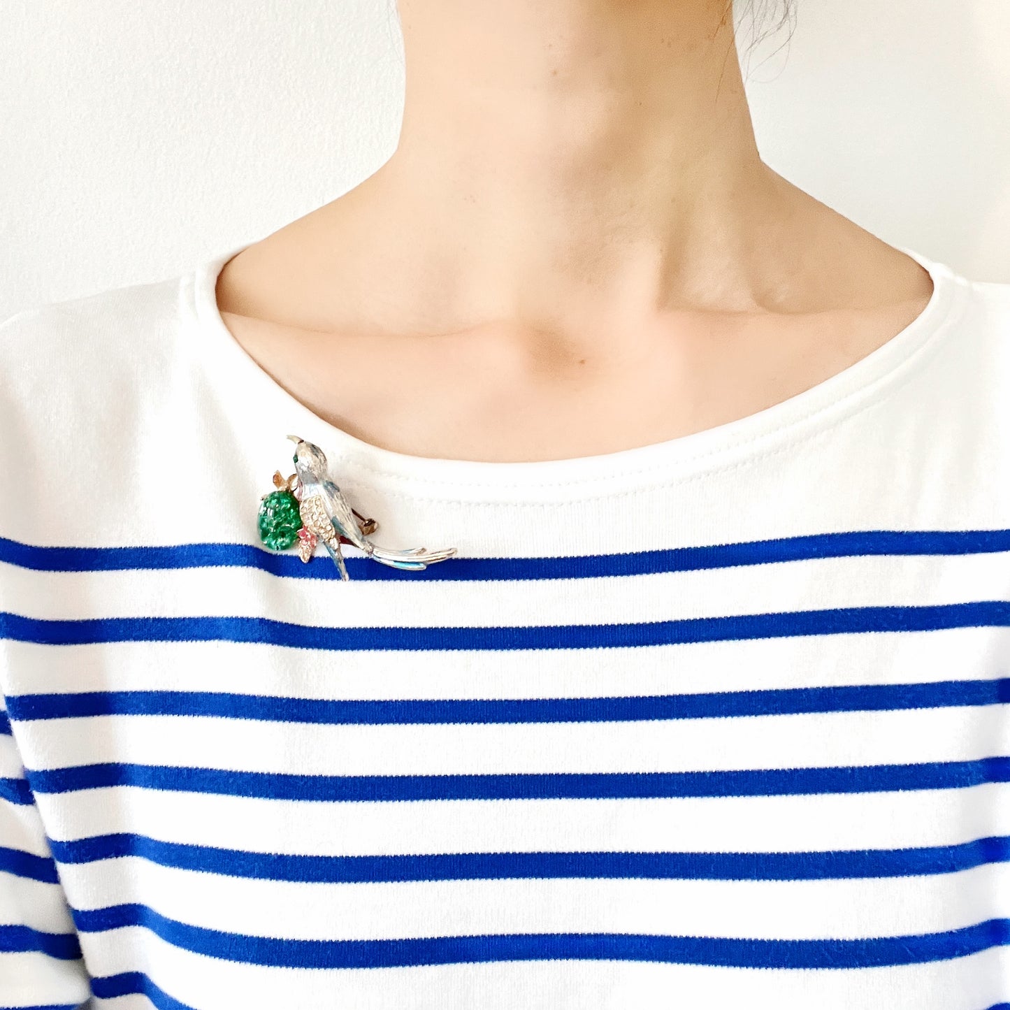 VINTAGE 1960s Blue Enamel Bird on Branch with Green Foiled Cabochon Brooch