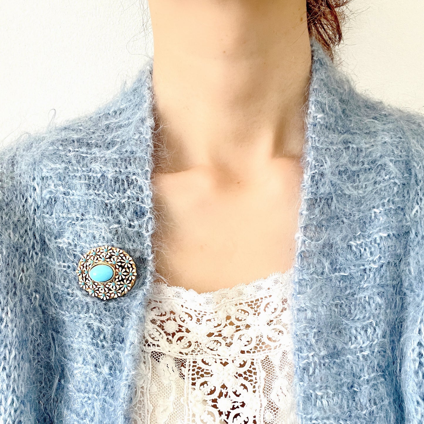 VINTAGE Light Blue Cabochon & Enamel Flower Brooch