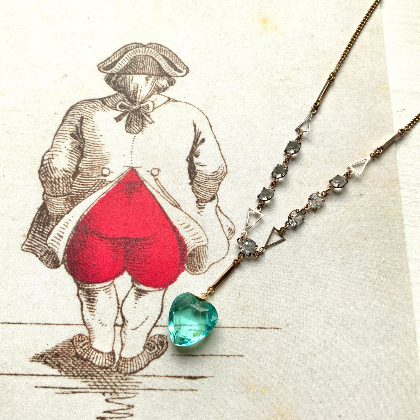 VINTAGE 1920s ART DECO Aqua Blue Glass Heart Necklace, ヴィンテージ 1920年代 アールデコ アクアブルーガラスハートネックレス