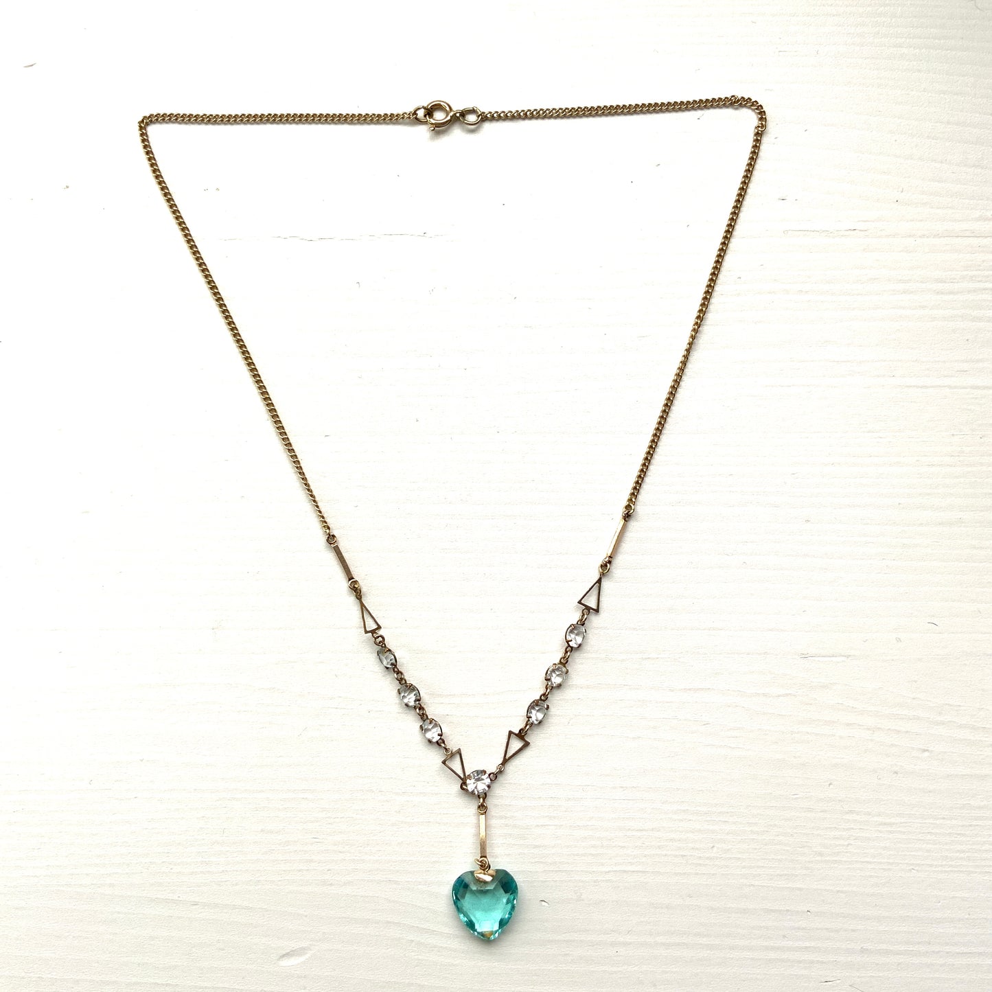 VINTAGE 1920s ART DECO Aqua Blue Glass Heart Necklace, ヴィンテージ 1920年代 アールデコ アクアブルーガラスハートネックレス