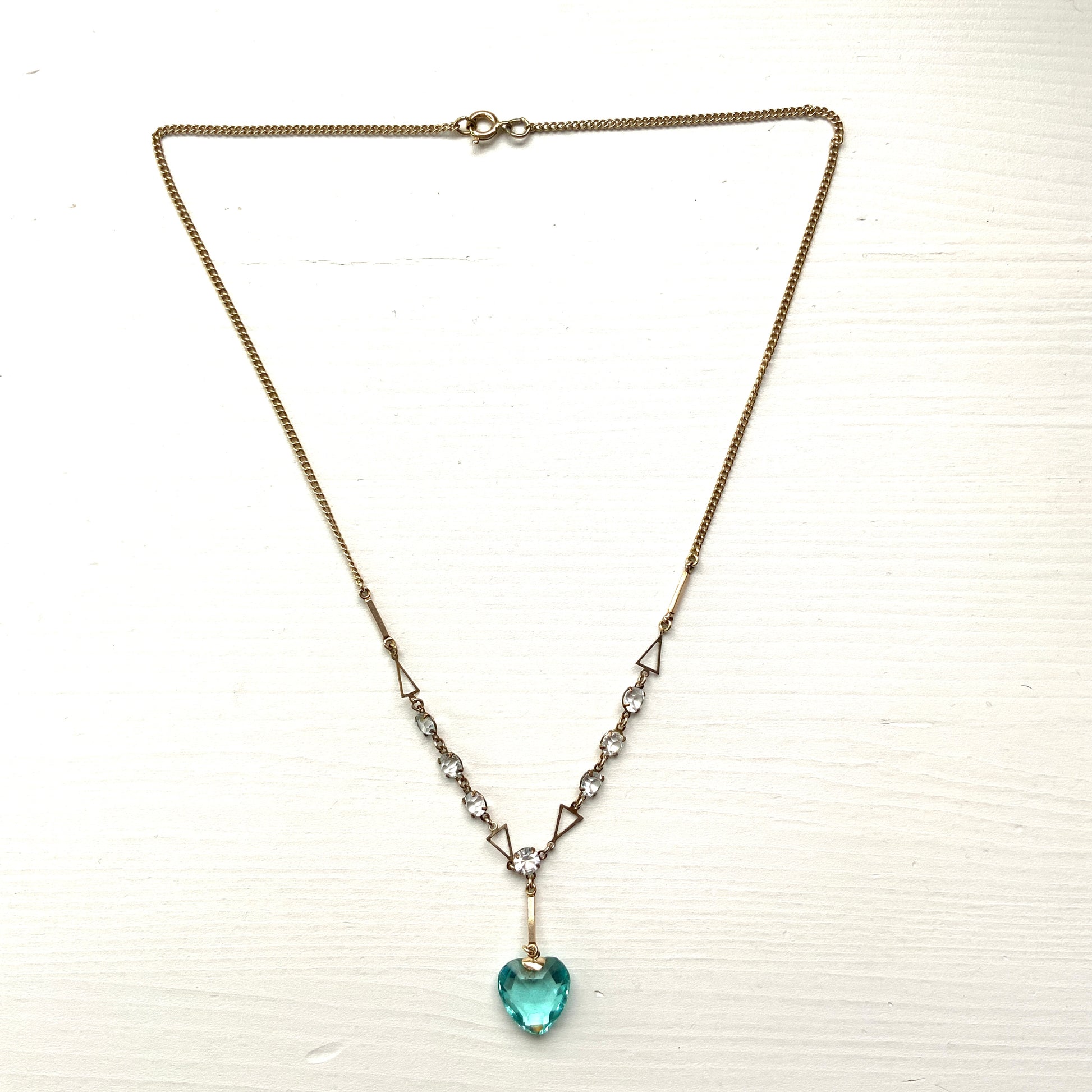VINTAGE 1920s ART DECO Aqua Blue Glass Heart Necklace, ヴィンテージ 1920年代 アールデコ アクアブルーガラスハートネックレス
