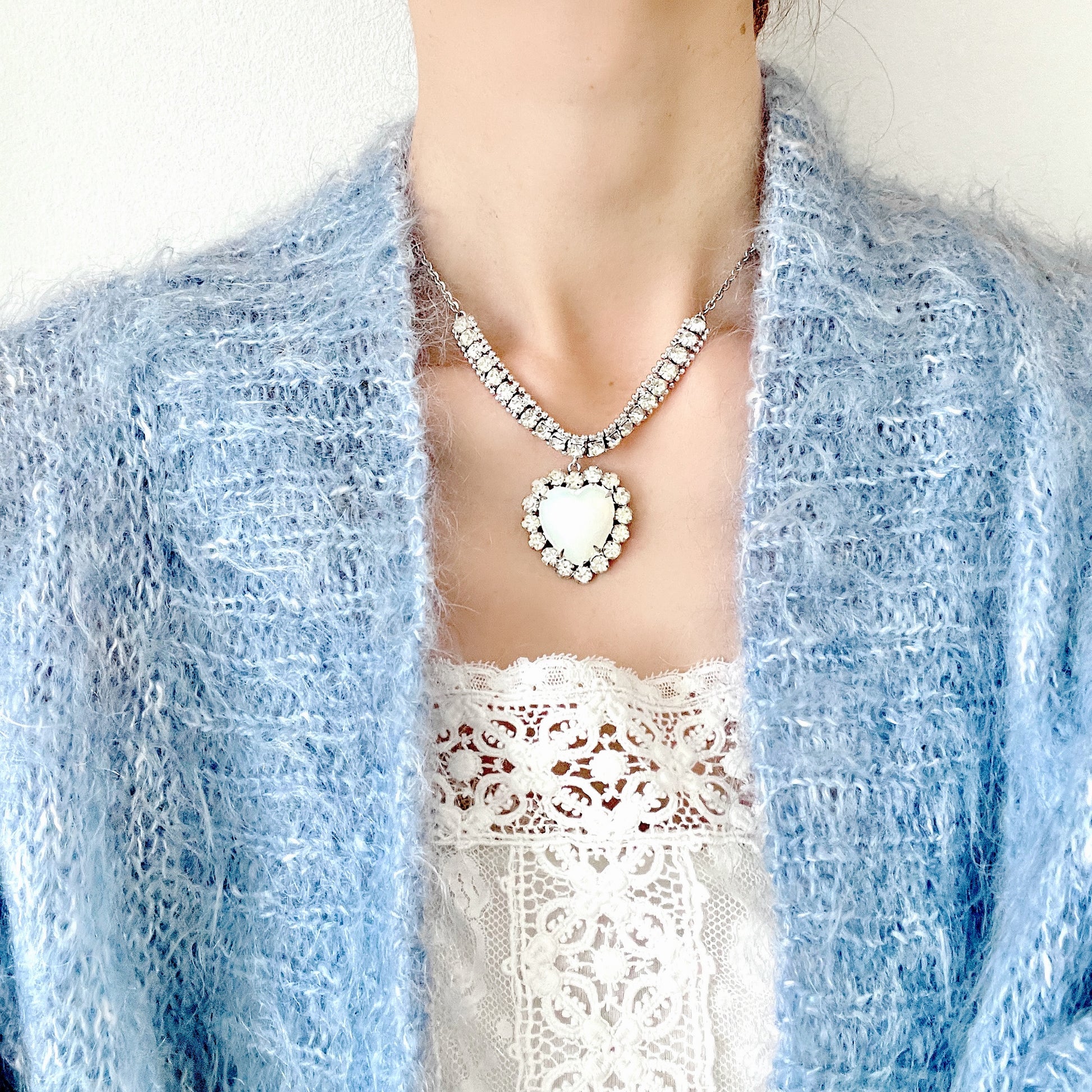 VINTAGE 1950s Opaline Glass Heart Necklace ヴィンテージ 1950年代 オパリングラス ハートネックレス