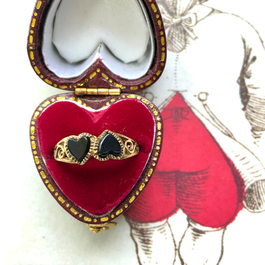 VINTAGE 9ct Gold Onyx Double Heart Ring ヴィンテージ 9金ゴールド オニキス ダブルハートリング