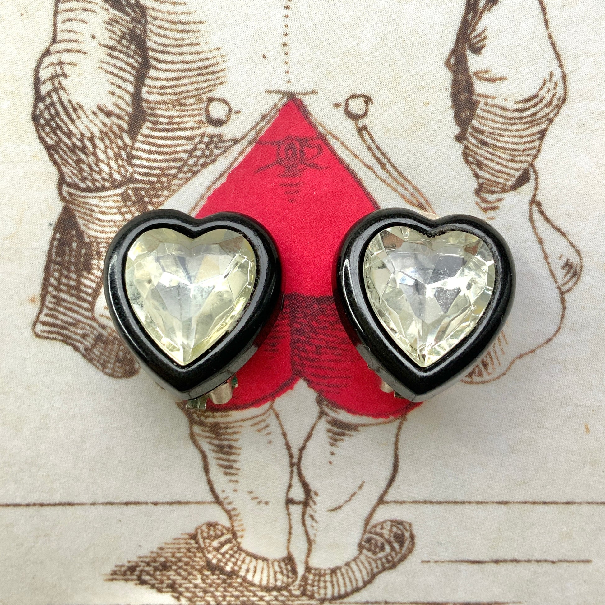 VINTAGE Black Framed Clear Plastic Heart Clip-on Earrings ヴィンテージ クリアハートxブラックフレーム クリップイヤリング