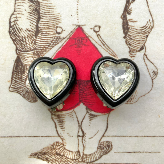 VINTAGE Black Framed Clear Plastic Heart Clip-on Earrings ヴィンテージ クリアハートxブラックフレーム クリップイヤリング