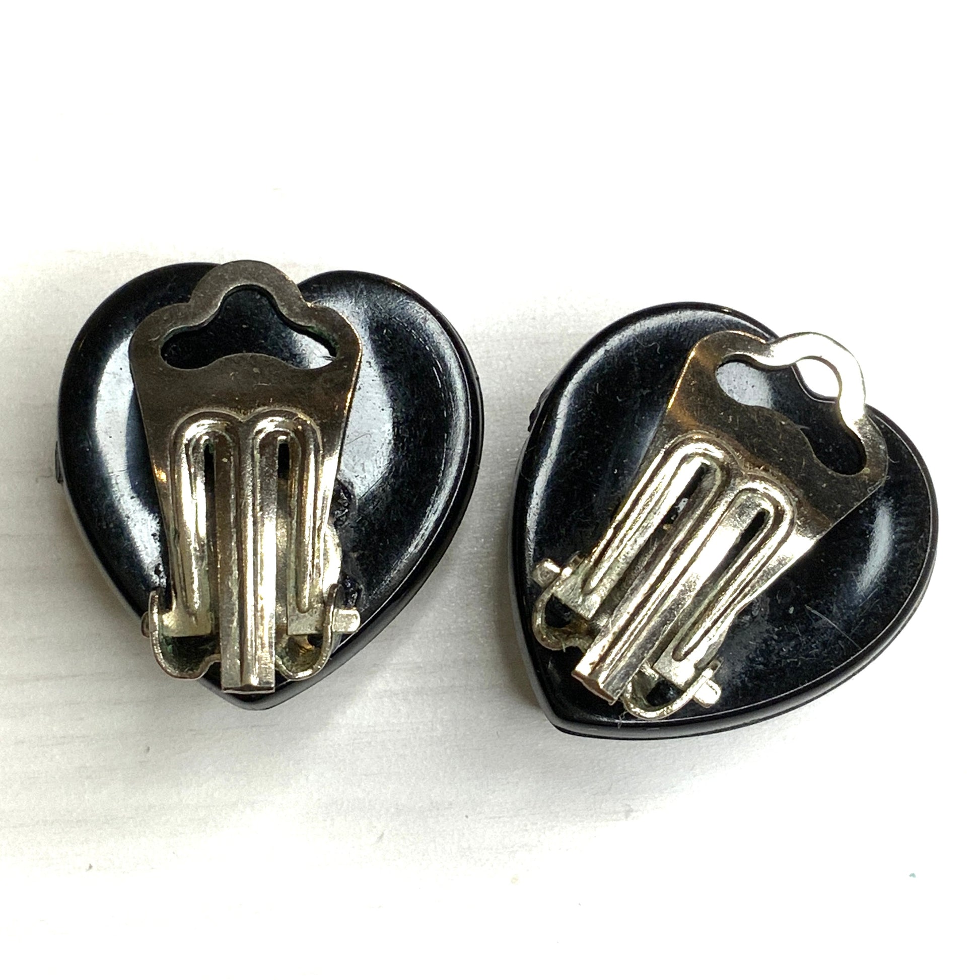 VINTAGE Black Framed Clear Plastic Heart Clip-on Earrings ヴィンテージ クリアハートxブラックフレーム クリップイヤリング