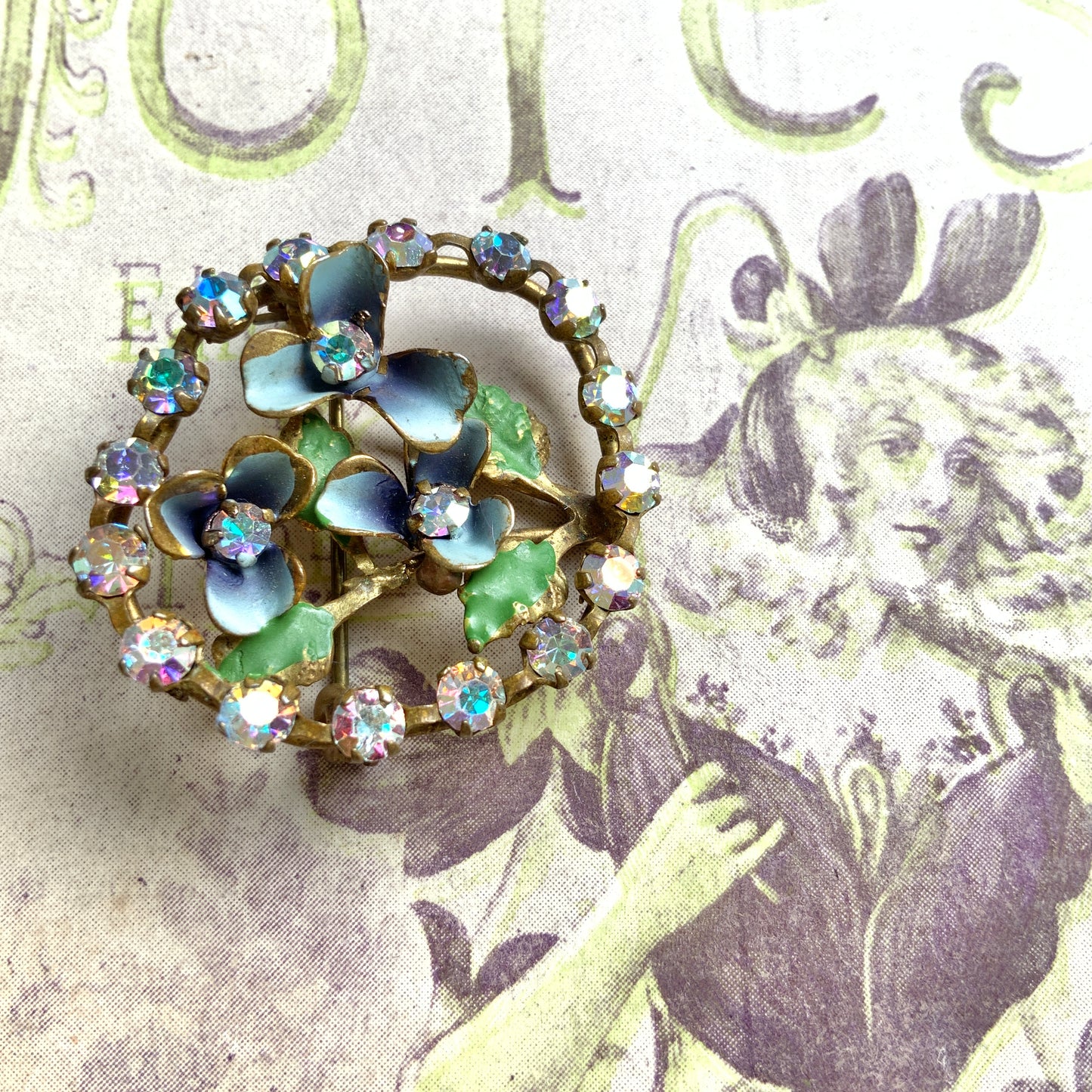 VINTAGE Enamel Violet & Aurora Borealis Brooch