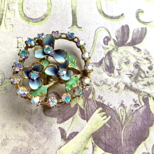 VINTAGE Enamel Violet & Aurora Borealis Brooch