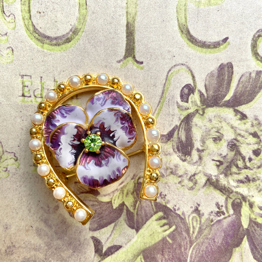 VINTAGE JOAN RIVERS Pansy & Horse Shoe Brooch