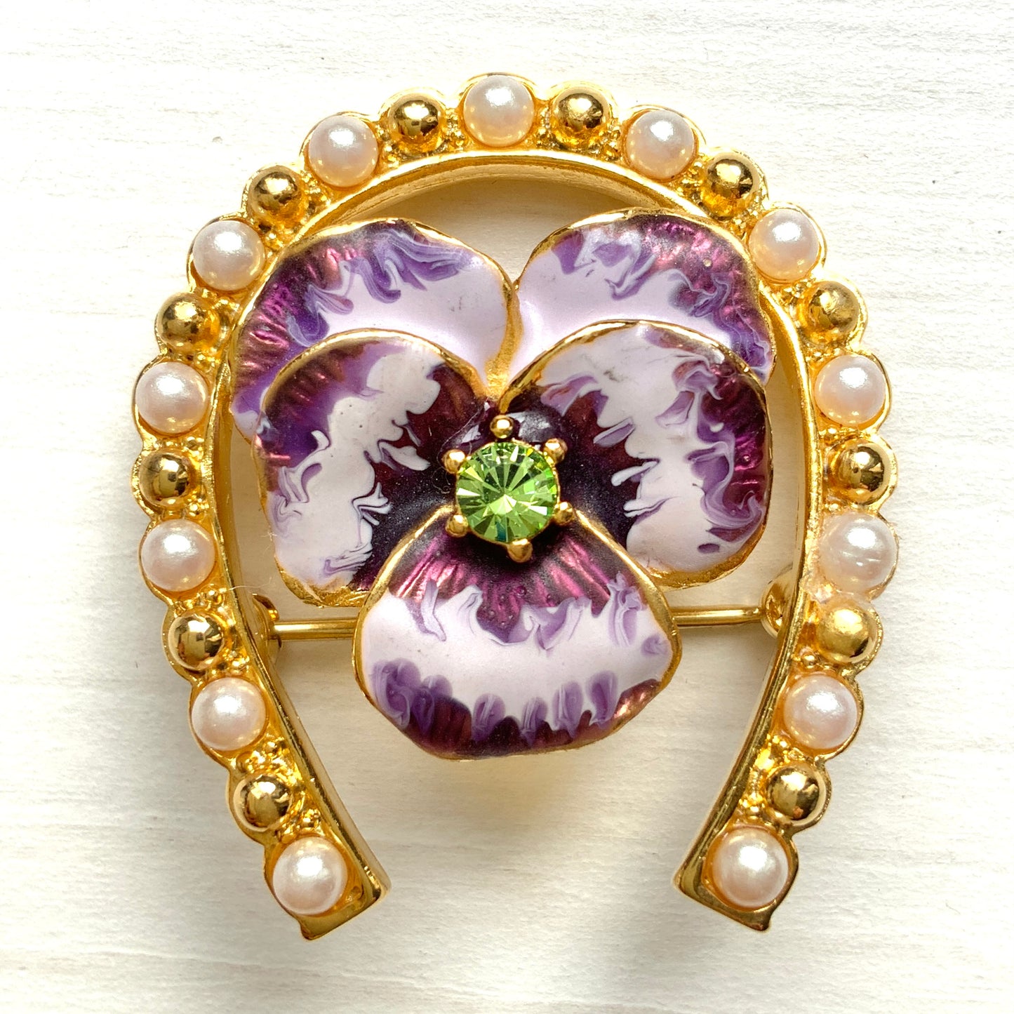 VINTAGE JOAN RIVERS Pansy & Horse Shoe Brooch