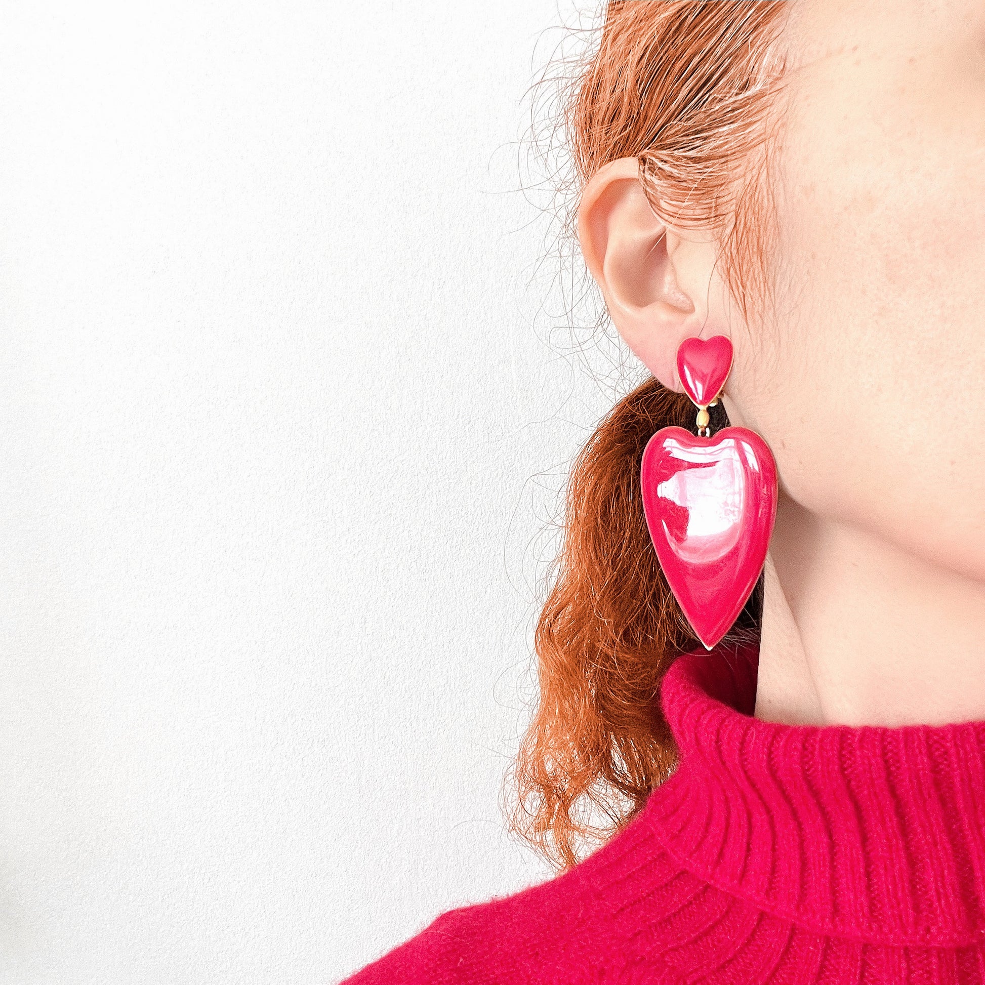 VINTAGE 1970-80s Red Enamel Heart Clip-On Earrings ヴィンテージ レッドエナメルハート クリップイヤリング