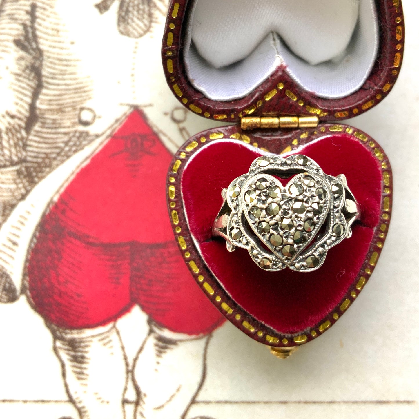 VINTAGE 1970s Silver Ornate Marcasite Heart Ring ヴィンテージ 1970年代 シルバー マーカサイト ハート リング