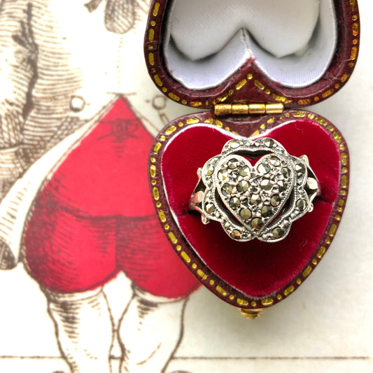VINTAGE 1970s Silver Ornate Marcasite Heart Ring ヴィンテージ 1970年代 シルバー マーカサイト ハート リング