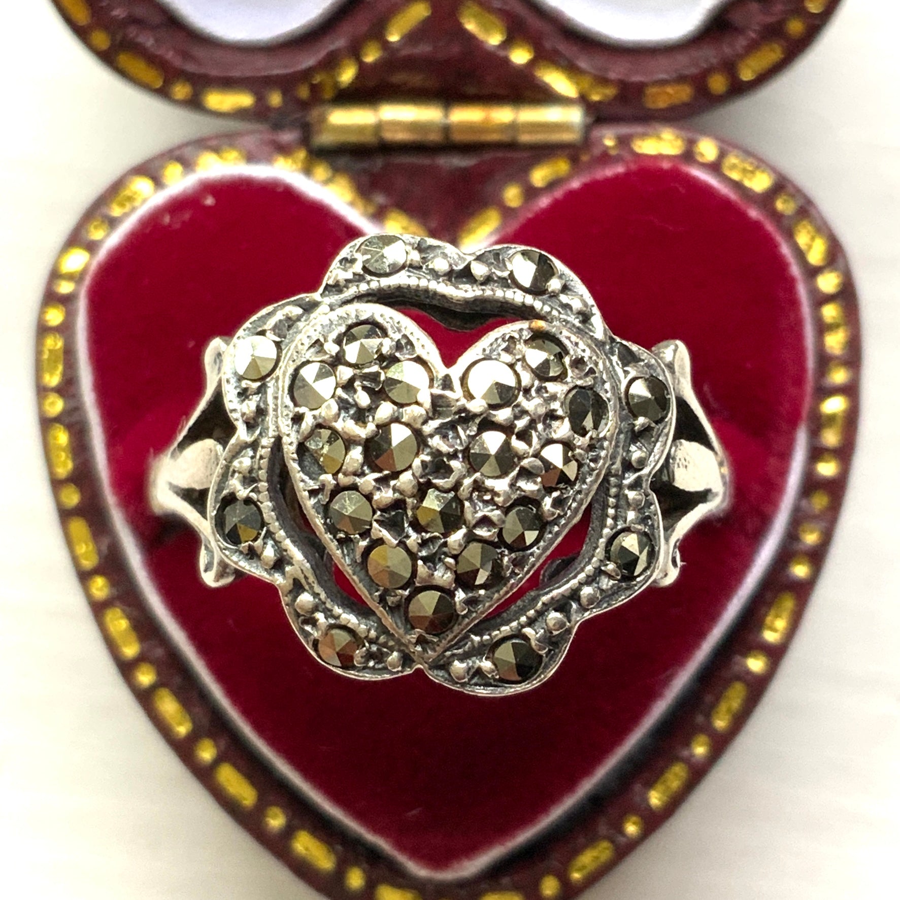 VINTAGE 1970s Silver Ornate Marcasite Heart Ring ヴィンテージ 1970年代 シルバー マーカサイト ハート リング