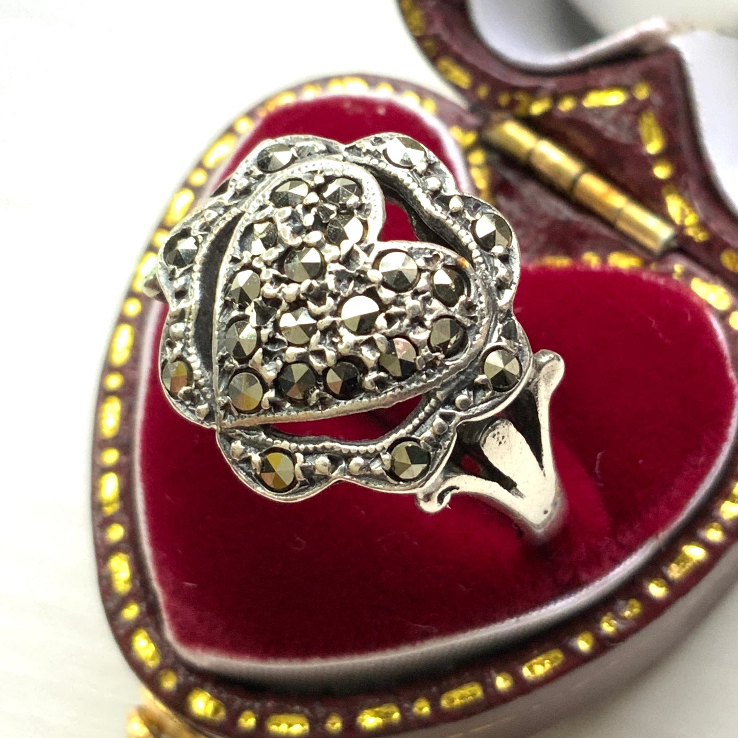 VINTAGE 1970s Silver Ornate Marcasite Heart Ring ヴィンテージ 1970年代 シルバー マーカサイト ハート リング