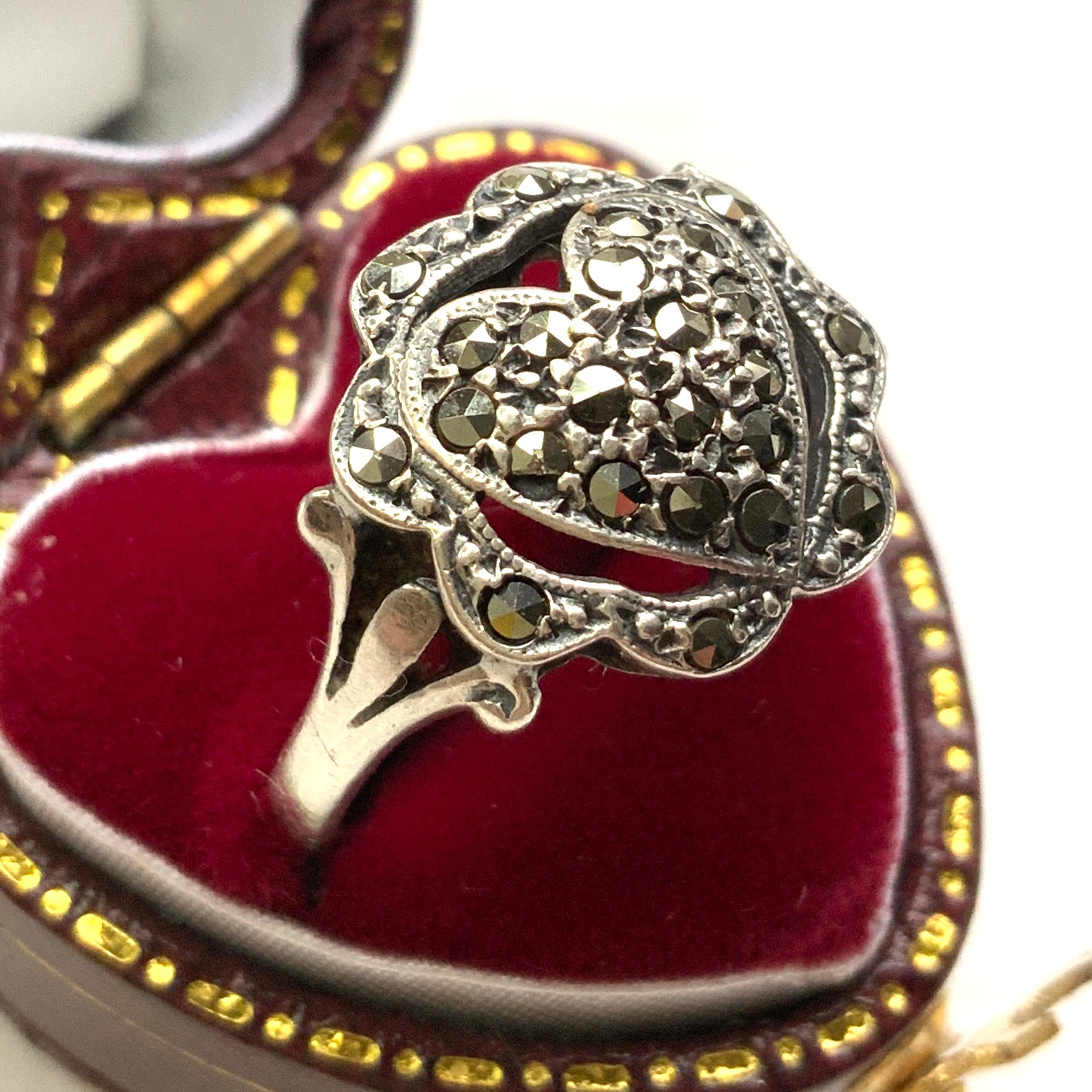 VINTAGE 1970s Silver Ornate Marcasite Heart Ring ヴィンテージ 1970年代 シルバー マーカサイト ハート リング