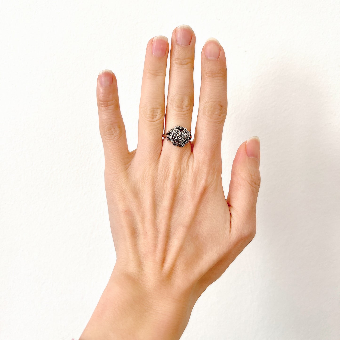 VINTAGE 1970s Silver Ornate Marcasite Heart Ring ヴィンテージ 1970年代 シルバー マーカサイト ハート リング