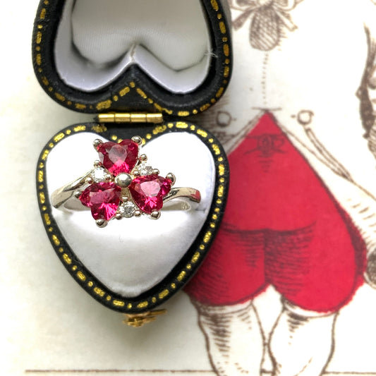 VINTAGE Silver Three Pink Heart-Shaped Stones Clover Design Ring ヴィンテージ シルバーリング ハート型ピンクストーン クローバー