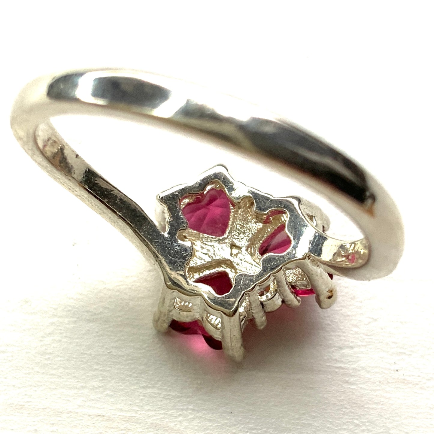 VINTAGE Silver Three Pink Heart-Shaped Stones Clover Design Ring ヴィンテージ シルバーリング ハート型ピンクストーン クローバー
