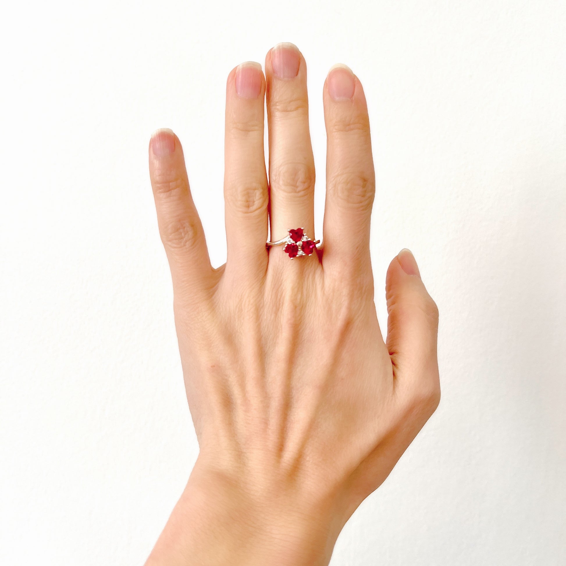 VINTAGE Silver Three Pink Heart-Shaped Stones Clover Design Ring ヴィンテージ シルバーリング ハート型ピンクストーン クローバー
