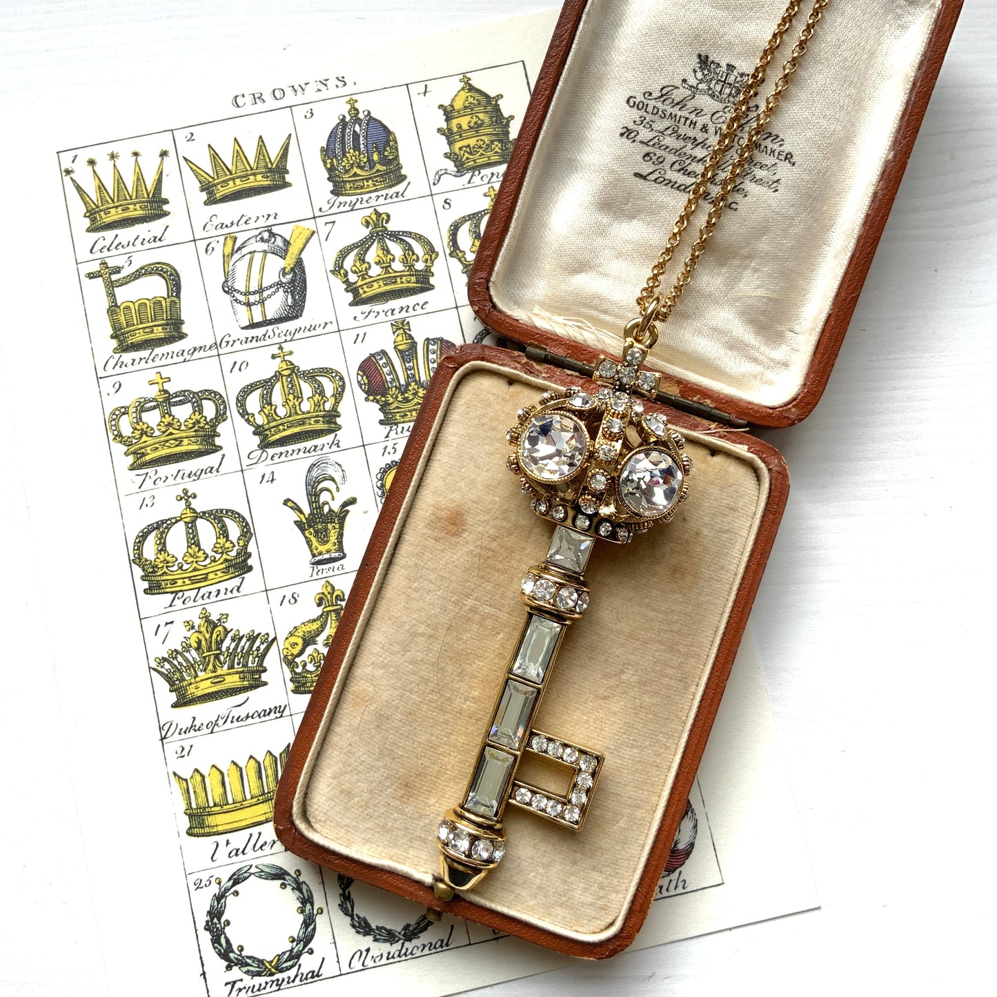 A bold pendant featuring a crown and key motif from Butler & Wilson, a leading British costume jewellery brand of the 1980s. 80年代のイギリスを代表するコスチュームジュエリーブランド、バトラー&ウィルソンの王冠のついた鍵のモチーフのビッグペンダント。