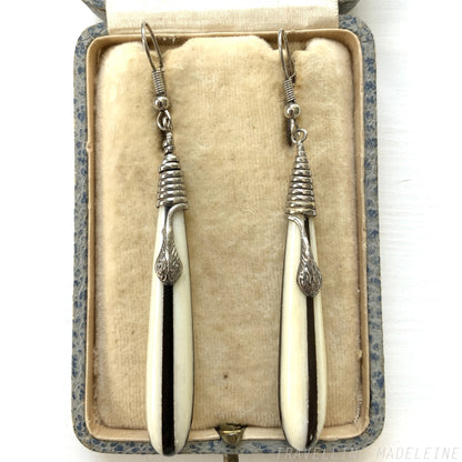 1930's Silver Tone Snake & Striped Raindrop Pierced Earrings