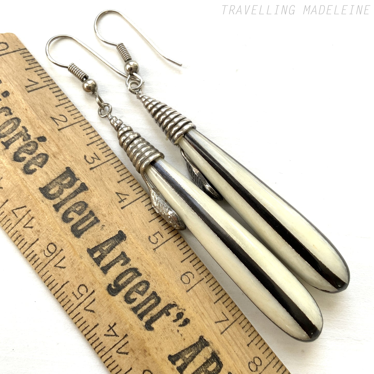 1930's Silver Tone Snake & Striped Raindrop Pierced Earrings