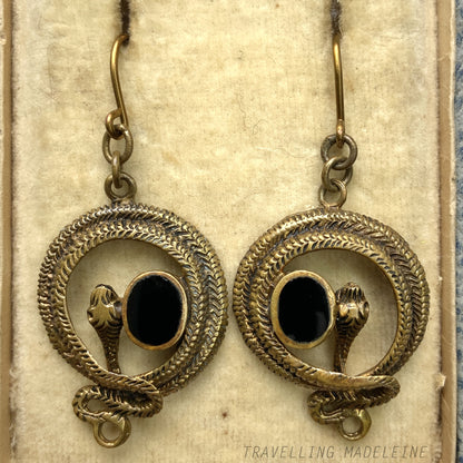 1950's Gold/Brass Tone Snake & Black Enamel Pierced Earrings