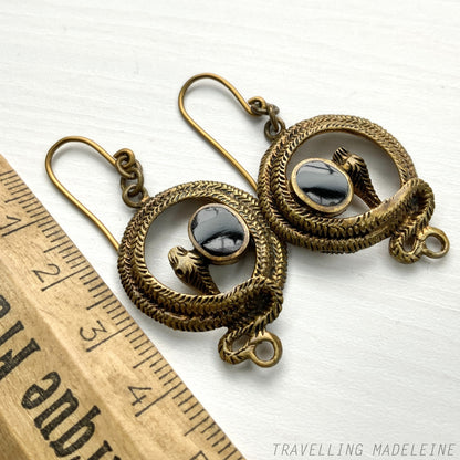 1950's Gold/Brass Tone Snake & Black Enamel Pierced Earrings