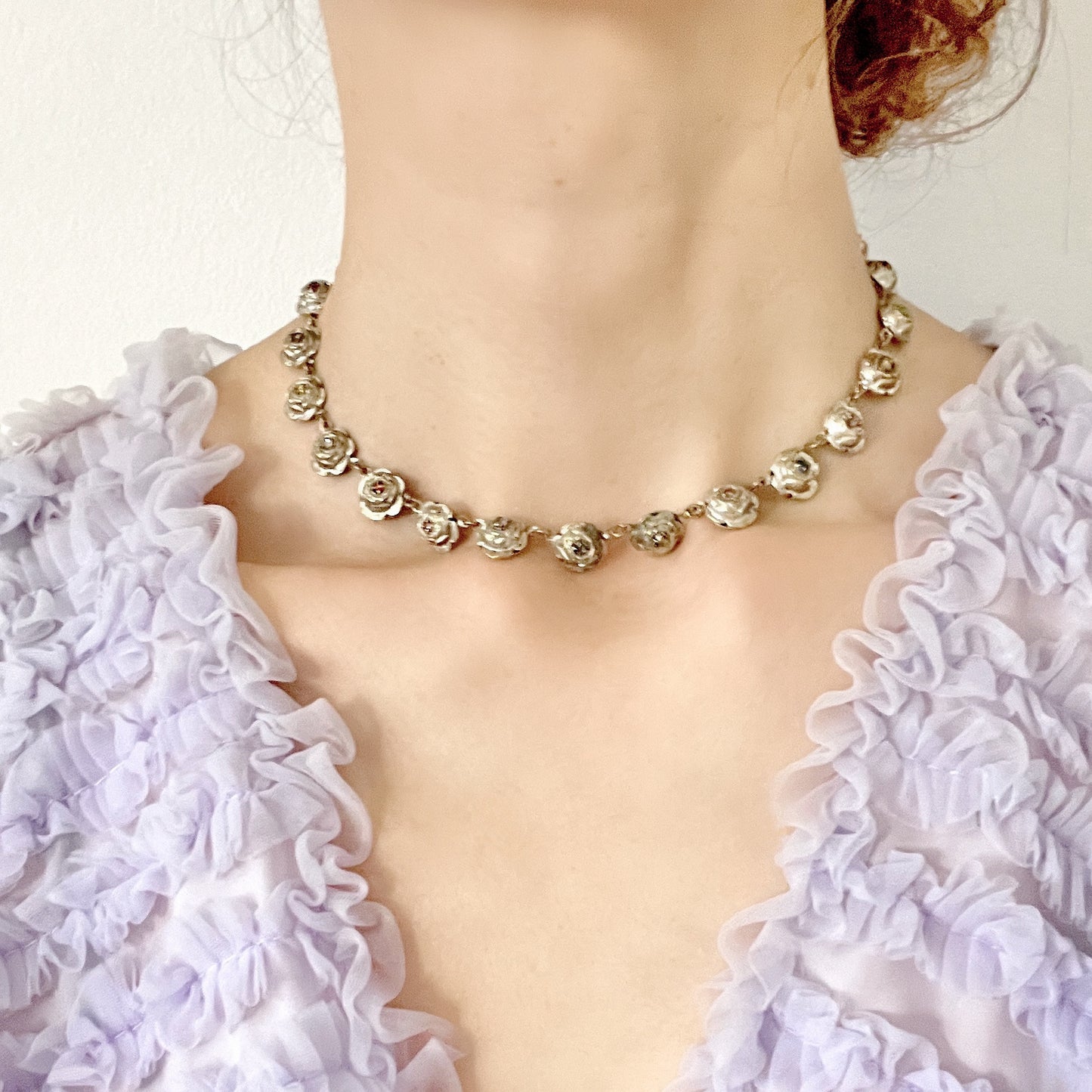 VINTAGE Metal Rose & Multicolour Rhinestone Choker Necklace