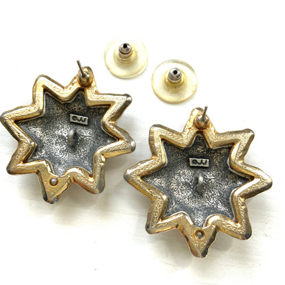 A charming pair of JJ sun earrings featuring a gentle smiling face.  穏やかな微笑みをたたえた、JJの太陽ピアス。 