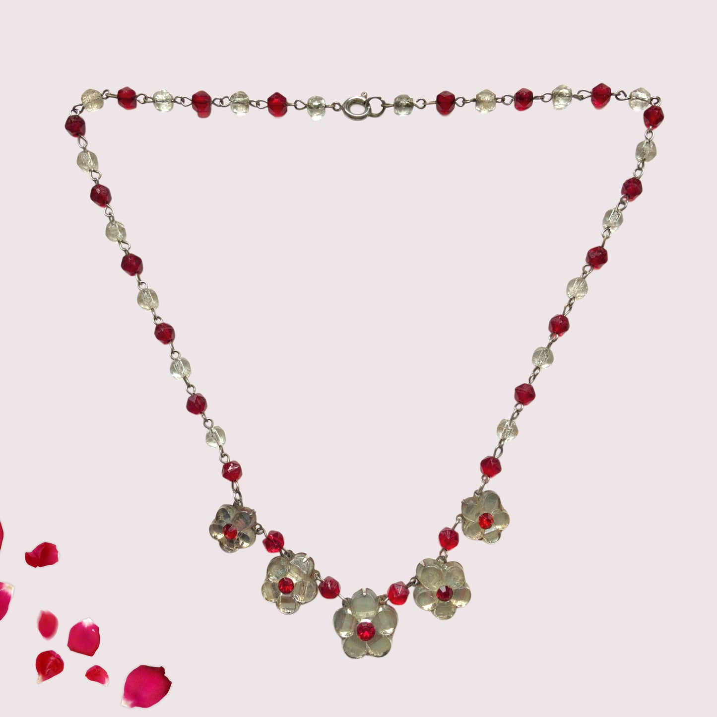 1930s Vauxhall Glass Flower Necklace with Red & Clear Glass Beads. 1930年代のお花のヴォクソールガラスのヴィンテージネックレス。
