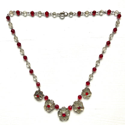 1930s Vauxhall Glass Flower Necklace with Red & Clear Glass Beads. 1930年代のお花のヴォクソールガラスのヴィンテージネックレス。