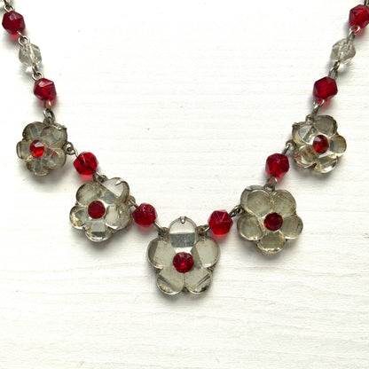 1930s Vauxhall Glass Flower Necklace with Red & Clear Glass Beads. 1930年代のお花のヴォクソールガラスのヴィンテージネックレス。