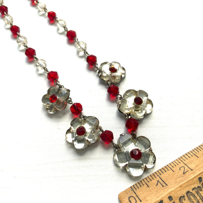1930s Vauxhall Glass Flower Necklace with Red & Clear Glass Beads. 1930年代のお花のヴォクソールガラスのヴィンテージネックレス。