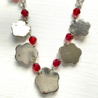1930s Vauxhall Glass Flower Necklace with Red & Clear Glass Beads. 1930年代のお花のヴォクソールガラスのヴィンテージネックレス。