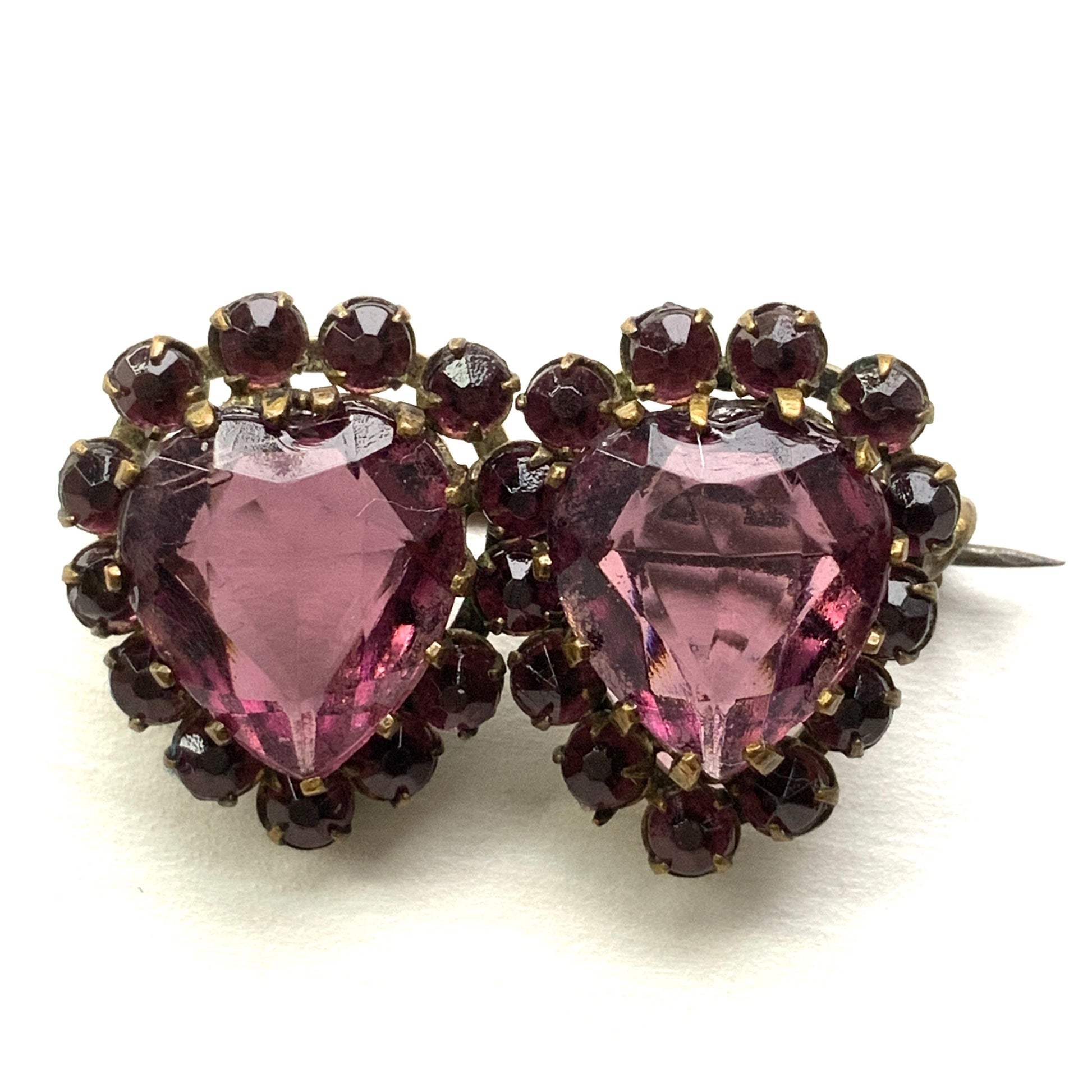 ANTIQUE EDWARDIAN Purple Glass Double Hearts Brooch　アンティーク　エドワーディアン　パープルグラス　ハート　ブローチ