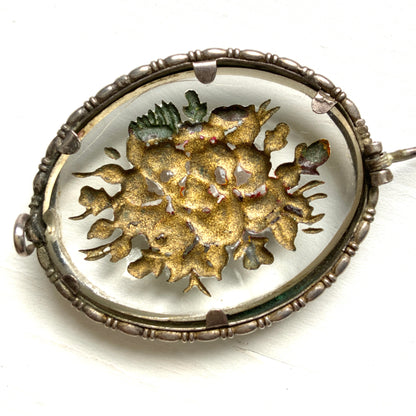 ANTIQUE VICTORIAN Reverse Carved Glass Pansy Brooch