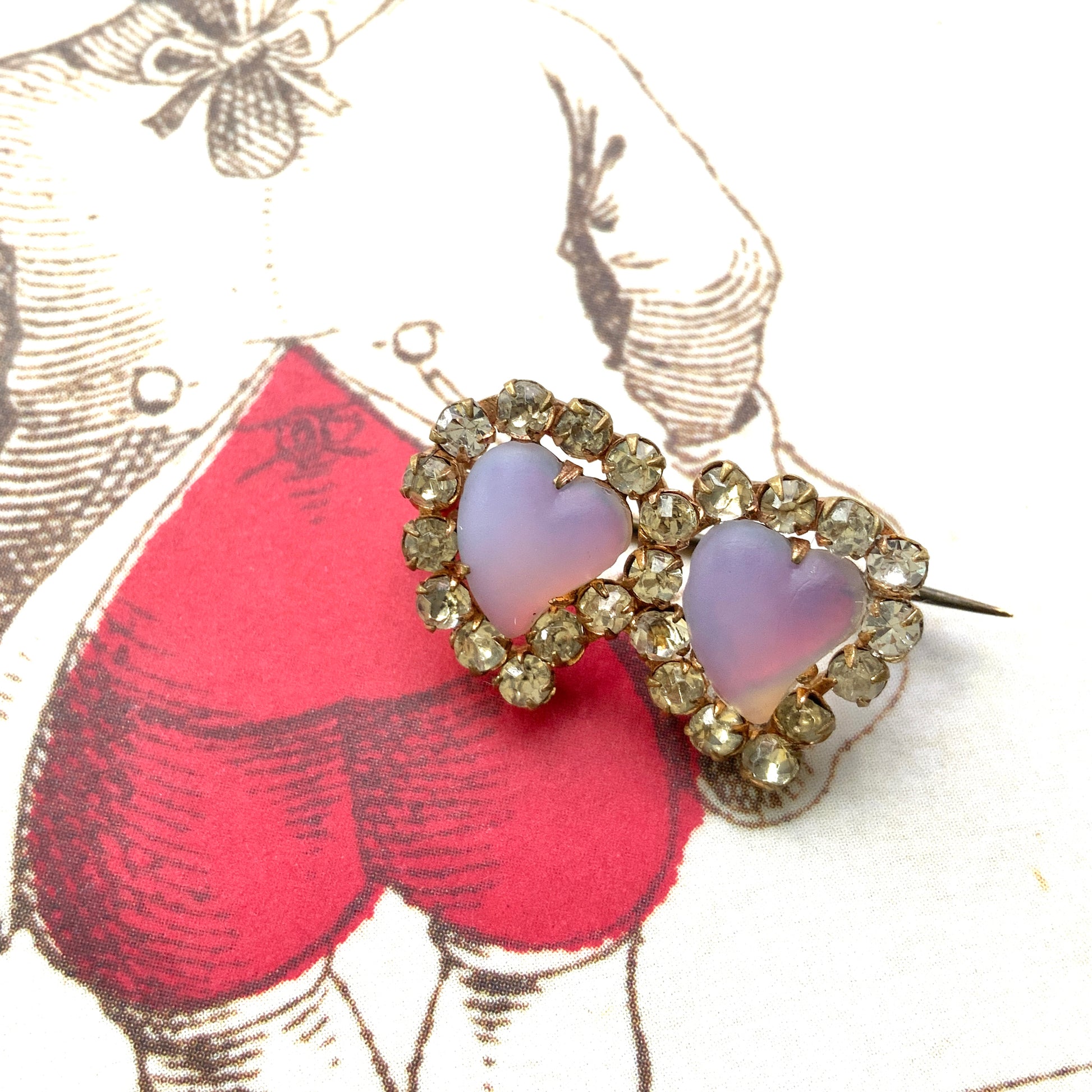 ANTIQUE VICTORIAN Pink Frosted Glass Double Heart Brooch アンティーク ヴィクトリアン　ピンクフロストガラス　ダブルハート　ブローチ