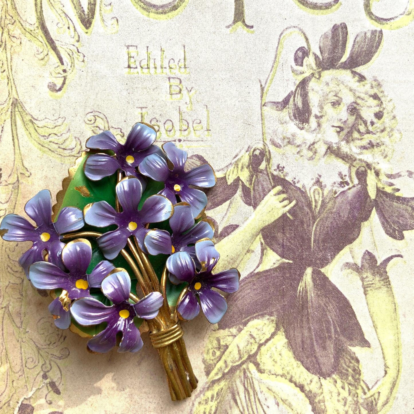 ANTIQUE EDWARDIAN Enamel Violet Bouquet Brooch