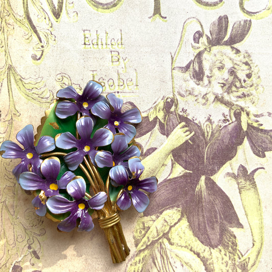 ANTIQUE EDWARDIAN Enamel Violet Bouquet Brooch