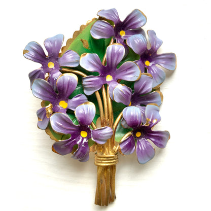 ANTIQUE EDWARDIAN Enamel Violet Bouquet Brooch