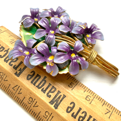 ANTIQUE EDWARDIAN Enamel Violet Bouquet Brooch