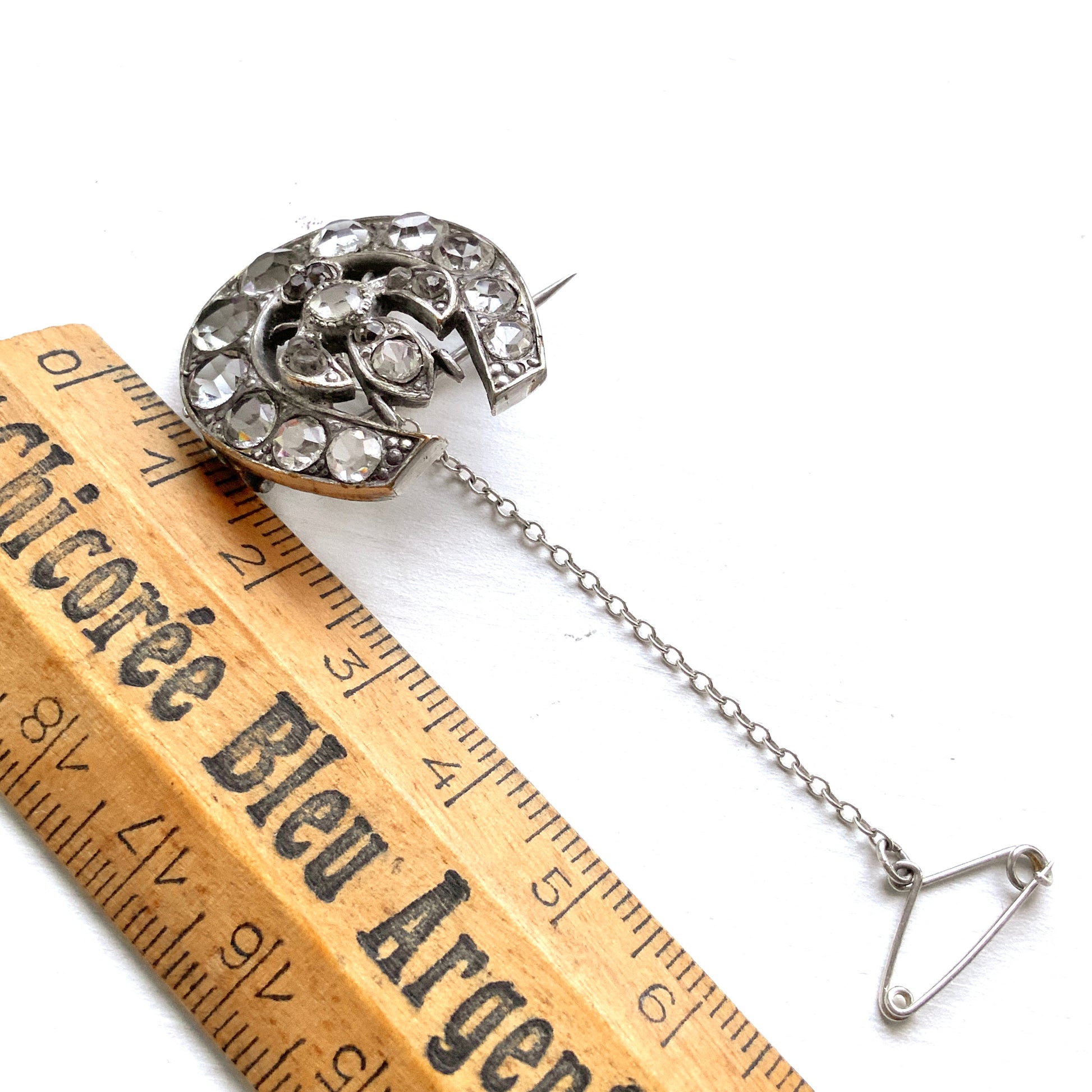 A clear glass brooch featuring a horseshoe motif adorned with a small insect detail. 馬蹄モチーフに、小さな虫があしらわれたクリアグラスのブローチ。