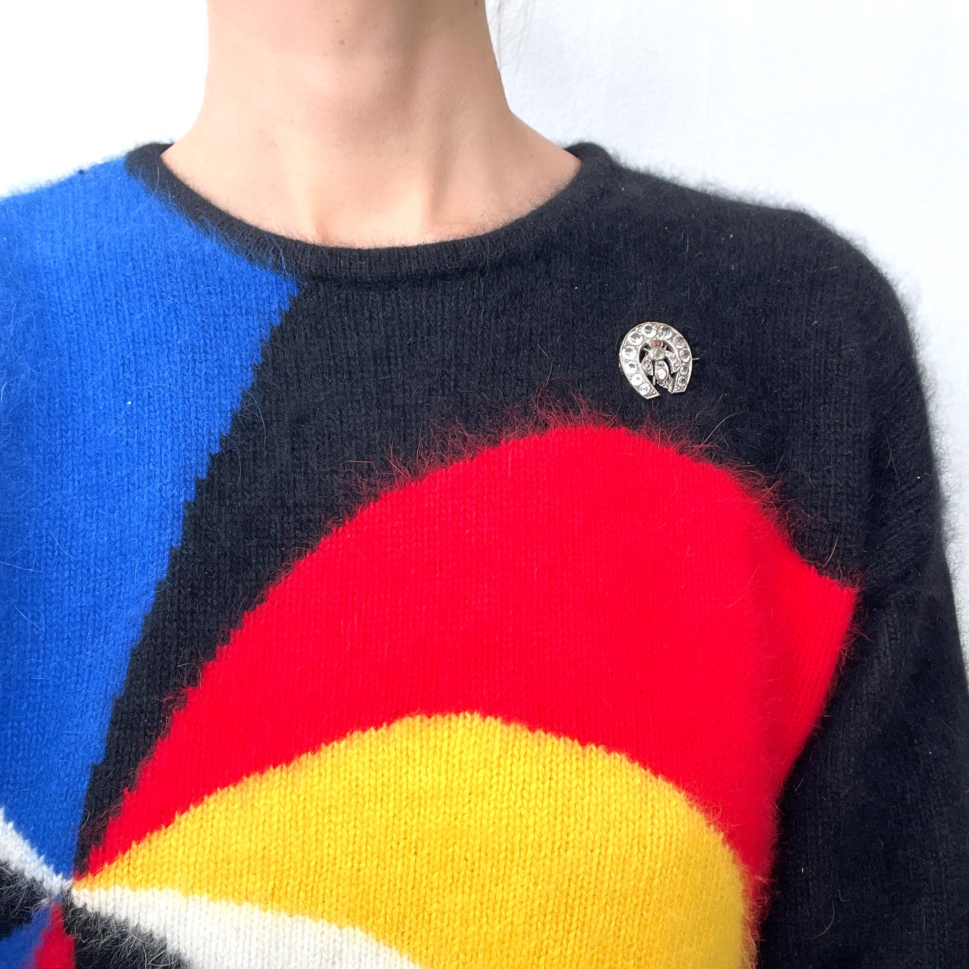 A clear glass brooch featuring a horseshoe motif adorned with a small insect detail. 馬蹄モチーフに、小さな虫があしらわれたクリアグラスのブローチ。