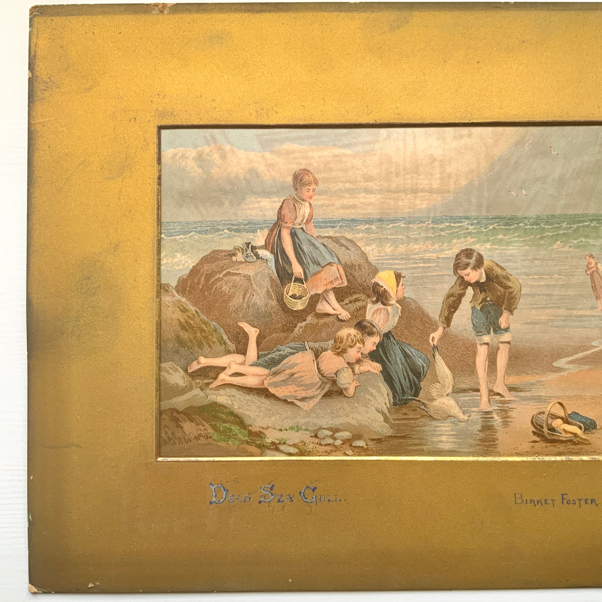 A late Victorian antique print of “The Dead Sea Gull” by Myles Birket Foster. ヴィクトリアン後期頃のマイルズ・バーケット・フォスターの “The Dead Sea Gull” のアンティークプリント。
