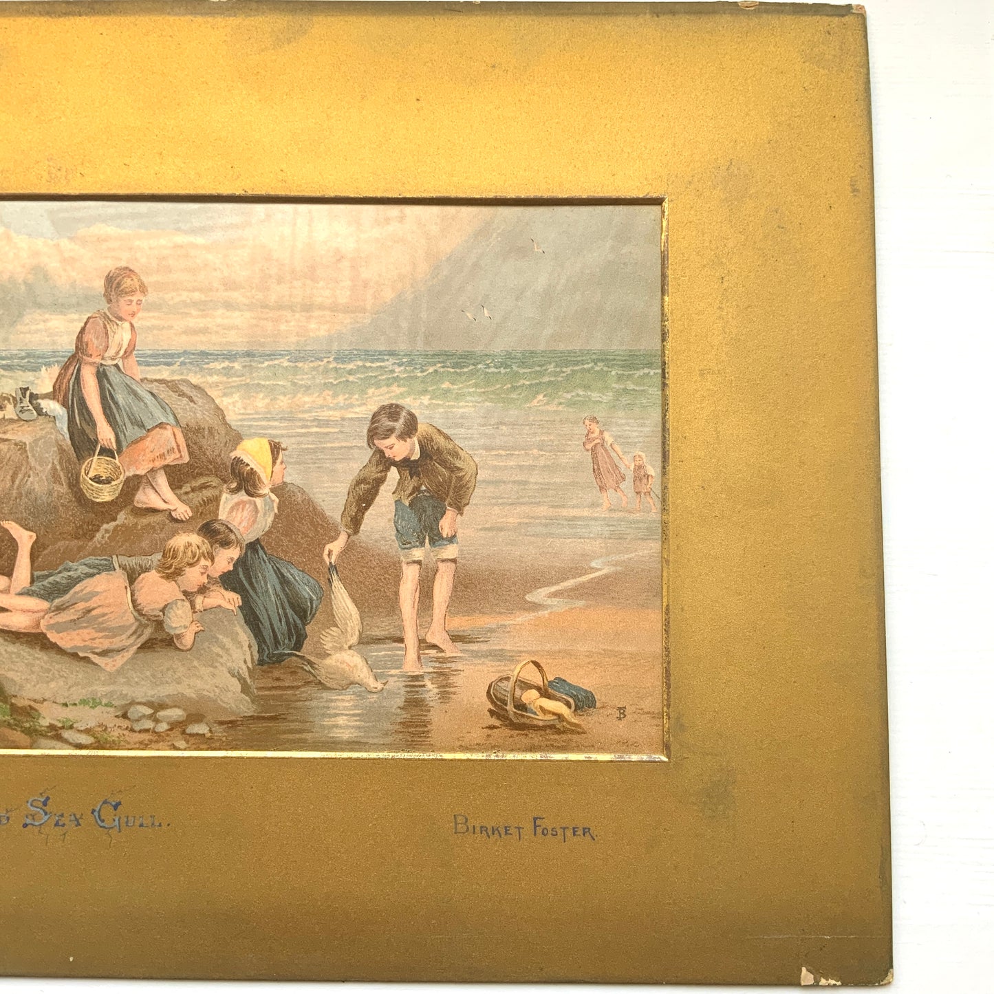 A late Victorian antique print of “The Dead Sea Gull” by Myles Birket Foster. ヴィクトリアン後期頃のマイルズ・バーケット・フォスターの “The Dead Sea Gull” のアンティークプリント。