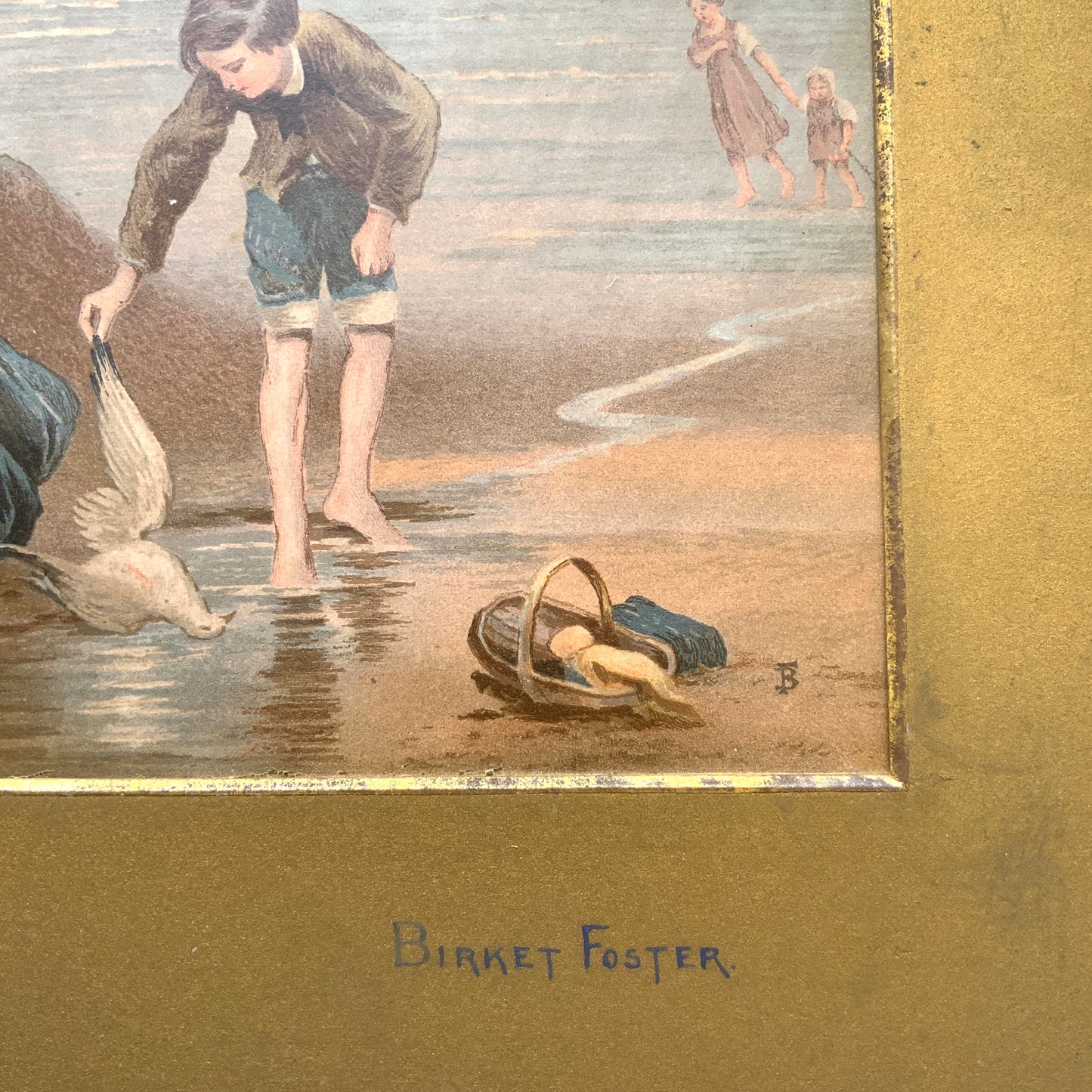 A late Victorian antique print of “The Dead Sea Gull” by Myles Birket Foster. ヴィクトリアン後期頃のマイルズ・バーケット・フォスターの “The Dead Sea Gull” のアンティークプリント。